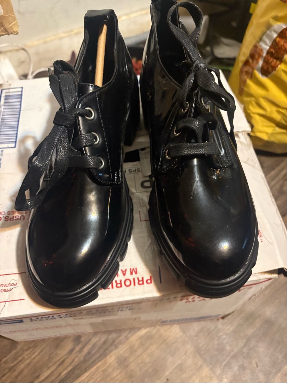 JustFab Black Patent Lace-Up Chunky Flats
